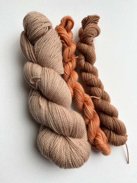Naturally Dyed Corriedale High Twist Sock Yarn Set 1 x 100g & 2x 20g. Col: Cafe Au Lait Collection 2